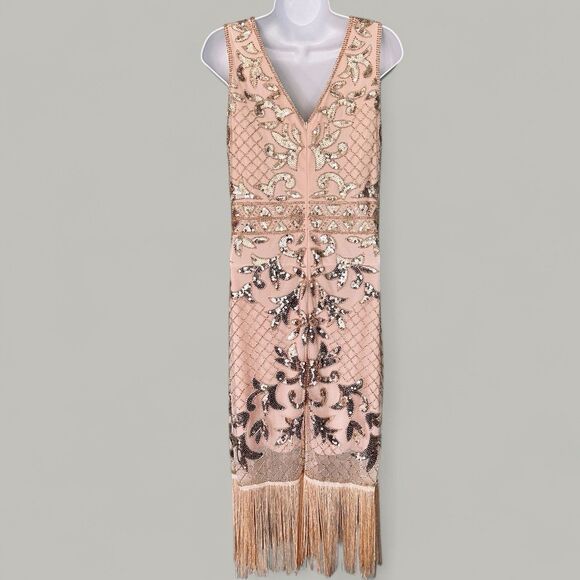 Unique Retro Flapper Dress L Sequin Beaded Showgirl Fringe 20s Gatsby Burlesque - Picture 2 of 12